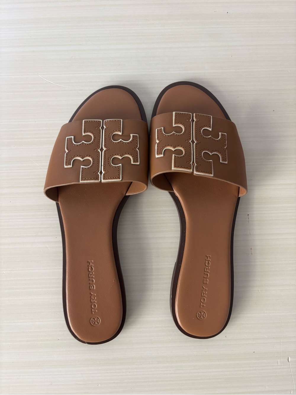Tory Burch Brown Leather Logo Slide Sandals